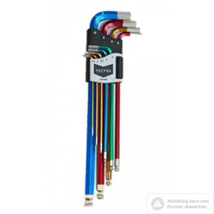 Bild von Tecfox Stiftschlüsselsatz 9-teilig, 1,5 - 10 mm Innensechskant mit Kugelkopf, CV, farbig, Bild von Tecfox Stiftschlüsselsatz 9-teilig, 1,5 - 10 mm Innensechskant mit Kugelkopf, CV, farbig,