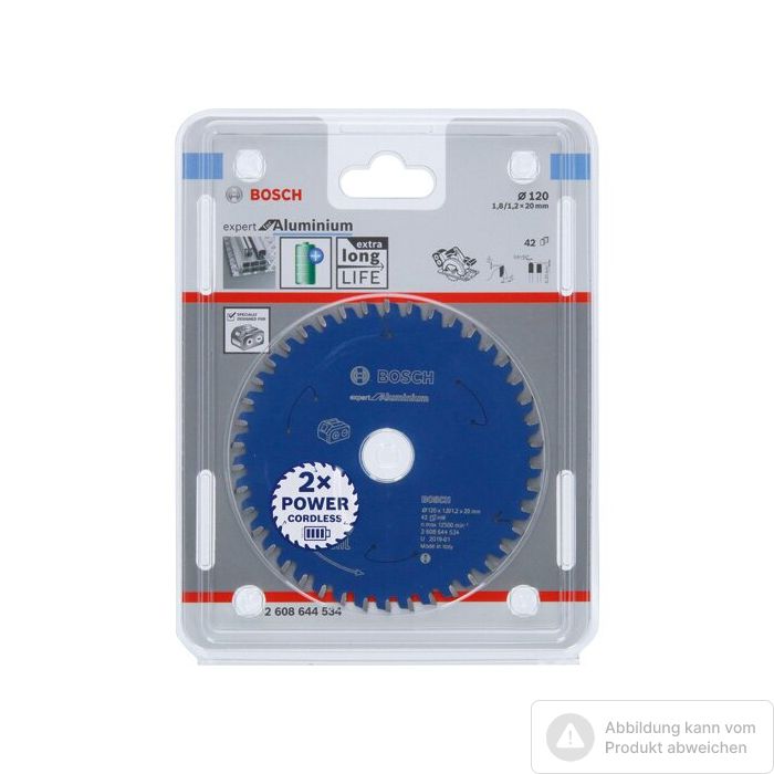 Bild von Bosch Kreissägeblatt für Akkusägen Expert for Aluminium, 120 x 1,8/1,2 x 20, 42 Zähne Bild von Bosch Kreissägeblatt für Akkusägen Expert for Aluminium, 120 x 1,8/1,2 x 20, 42 Zähne