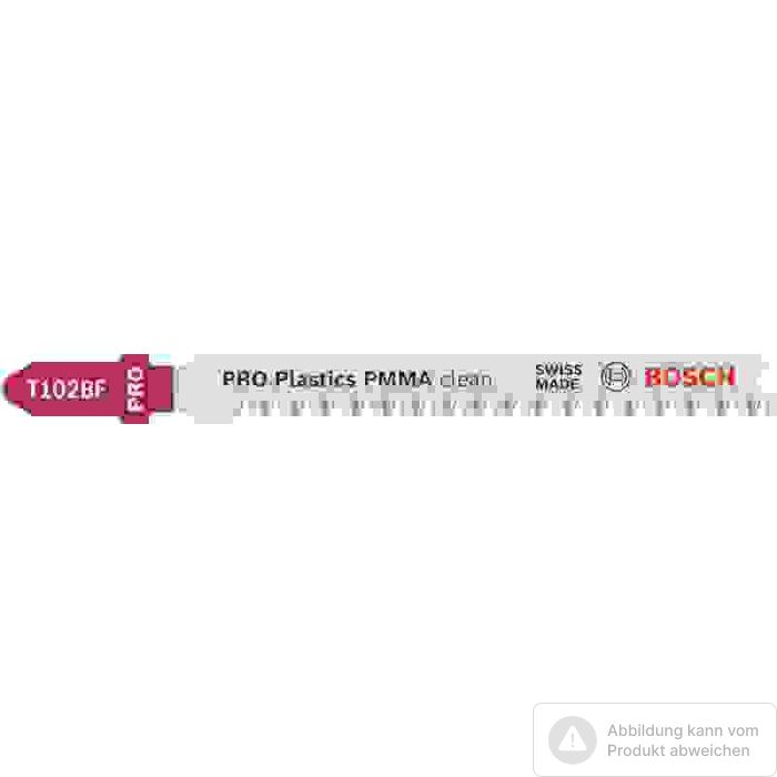 Bild von Bosch PRO Plastics PMMA clean T102BF Stichsägeblatt, 92 mm, 5-tlg. Bild von Bosch PRO Plastics PMMA clean T102BF Stichsägeblatt, 92 mm, 5-tlg.
