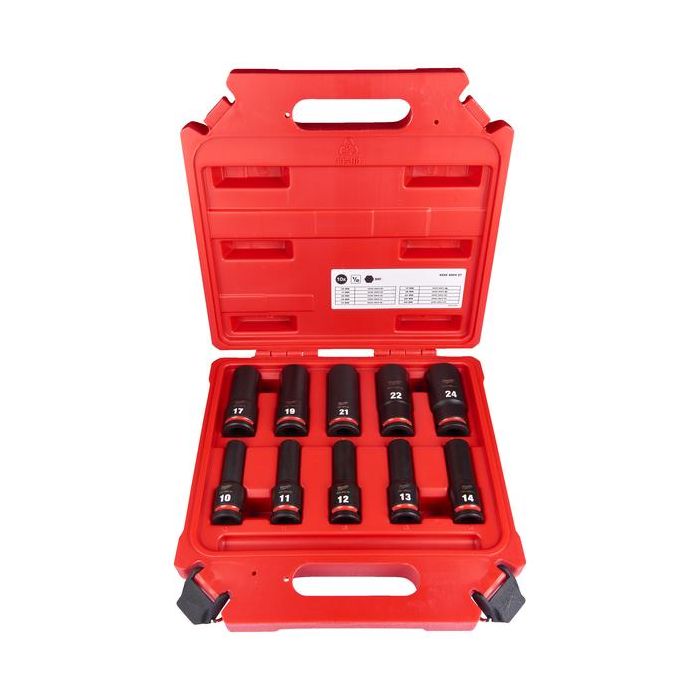 Bild von Milwaukee SHOCKWAVE Schlagnuss-Set 1/2", 10-tlg. lange Nüsse in 8,10,11,12,13,14,16,17,19, 21 mm
