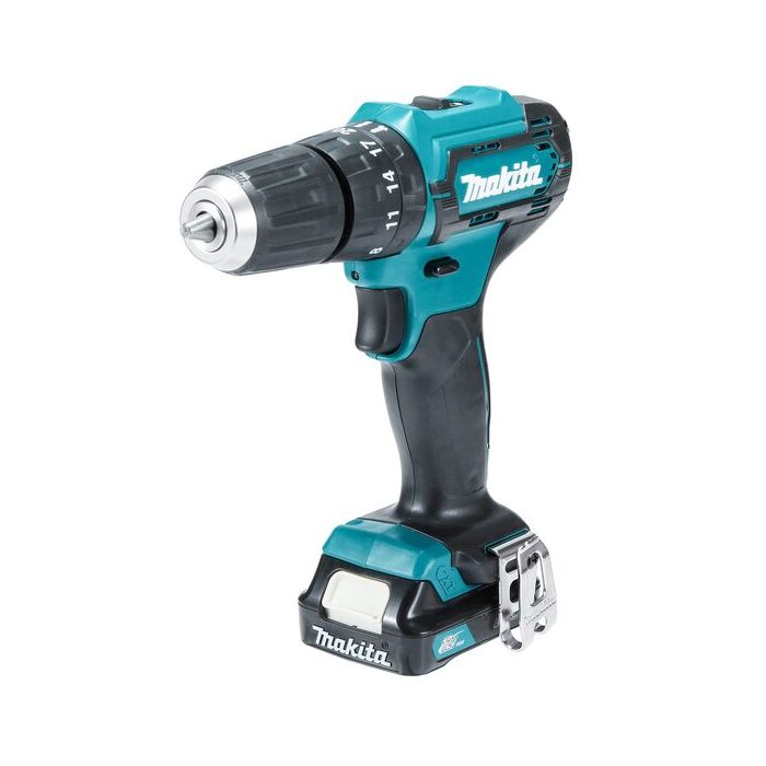 Foto von Makita Akku-Schlagbohrschrauber HP333DSAW weiss 12 Volt, mit 1xAkku 2,0 Ah, Ladegerät