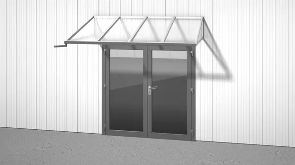 Verglastes Türvordach einer HALTEC Stahlhalle